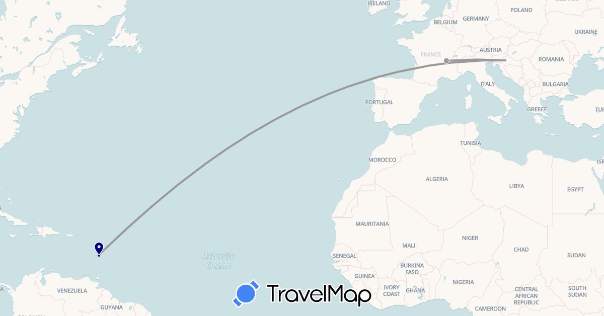 TravelMap itinerary: driving, bus, plane in France, Croatia, Martinique (Europe, North America)